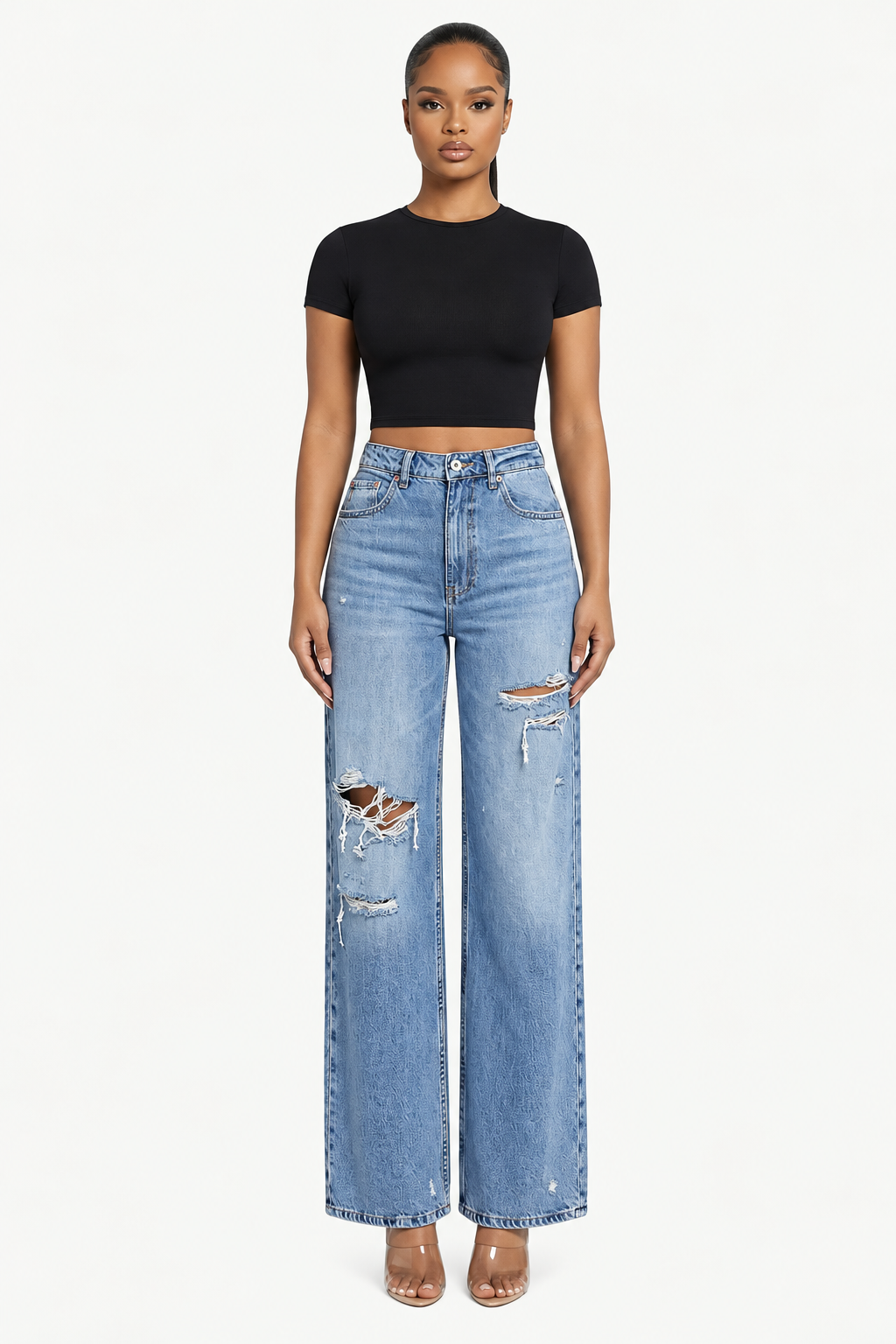 Distressed Wide-Leg Jeans