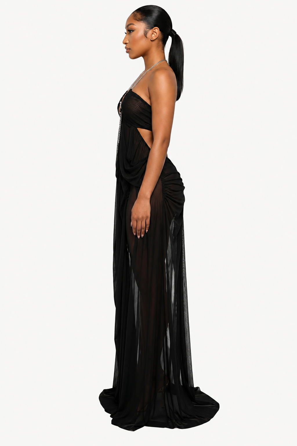 Draped Chain-Detail Cutout Maxi Dress