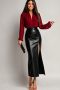 High-Waisted Faux Leather Midi Skirt with Side Slit