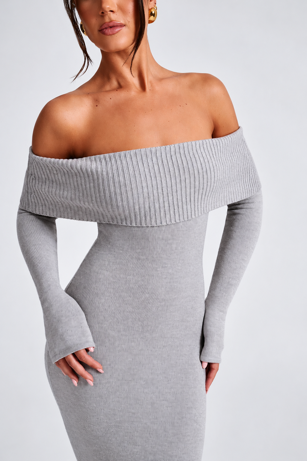 Off-Shoulder Ribbed Knit Maxi Dress