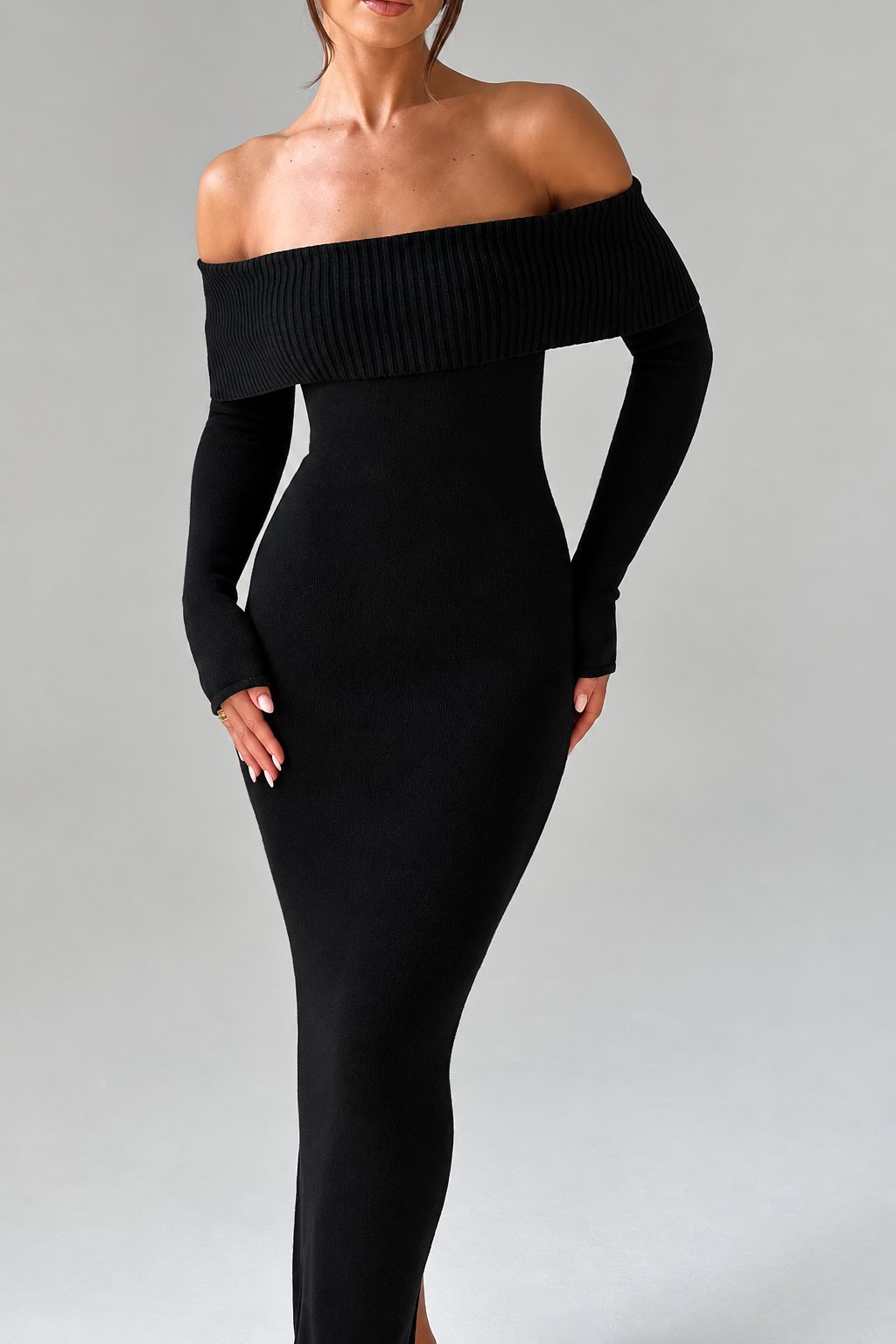 Off-Shoulder Ribbed Knit Maxi Dress