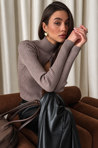 Ribbed Knit Cutout Turtleneck Top