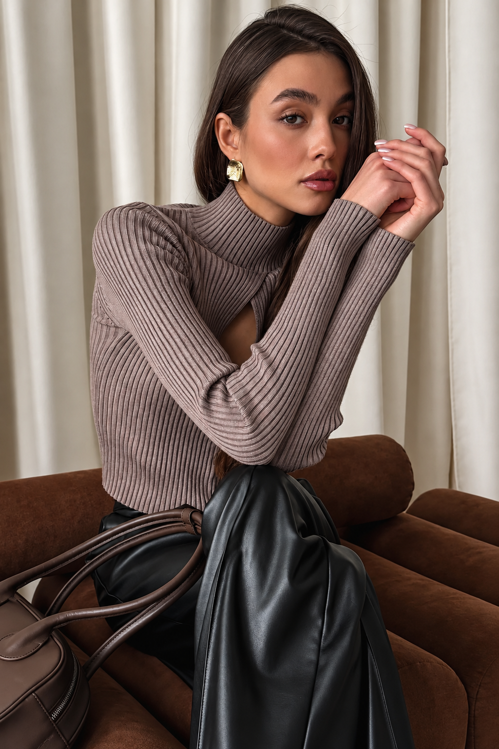 Ribbed Knit Cutout Turtleneck Top