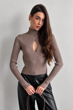 Ribbed Knit Cutout Turtleneck Top