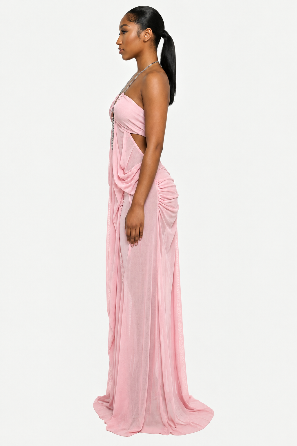 Draped Chain-Detail Cutout Maxi Dress