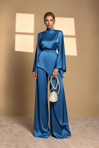 Satin Cape Top & Wide-Leg Pants Set