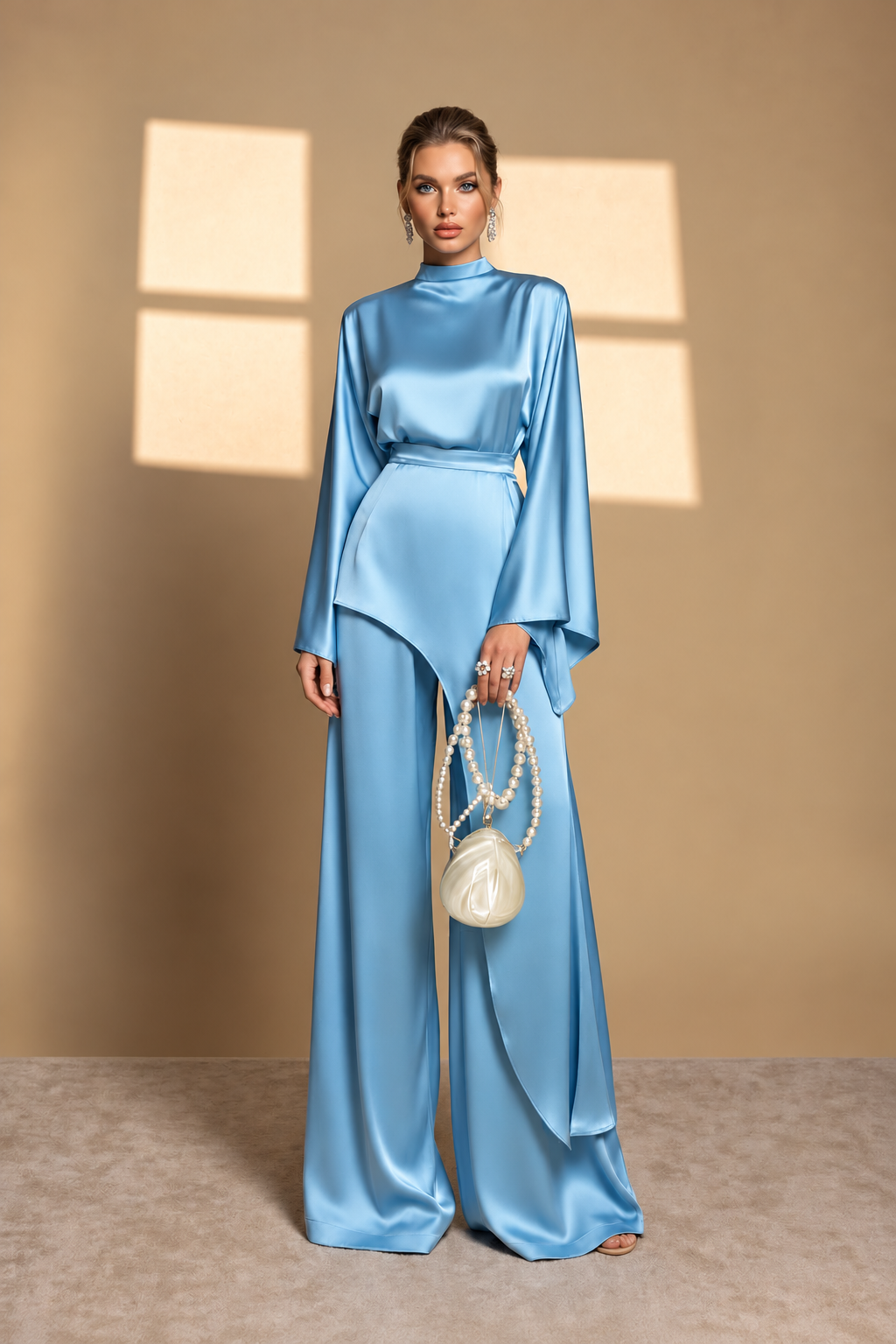 Satin Cape Top & Wide-Leg Pants Set