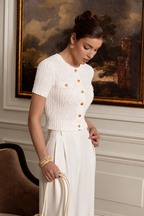 Ribbed Short Sleeve Button-Up Knit Top