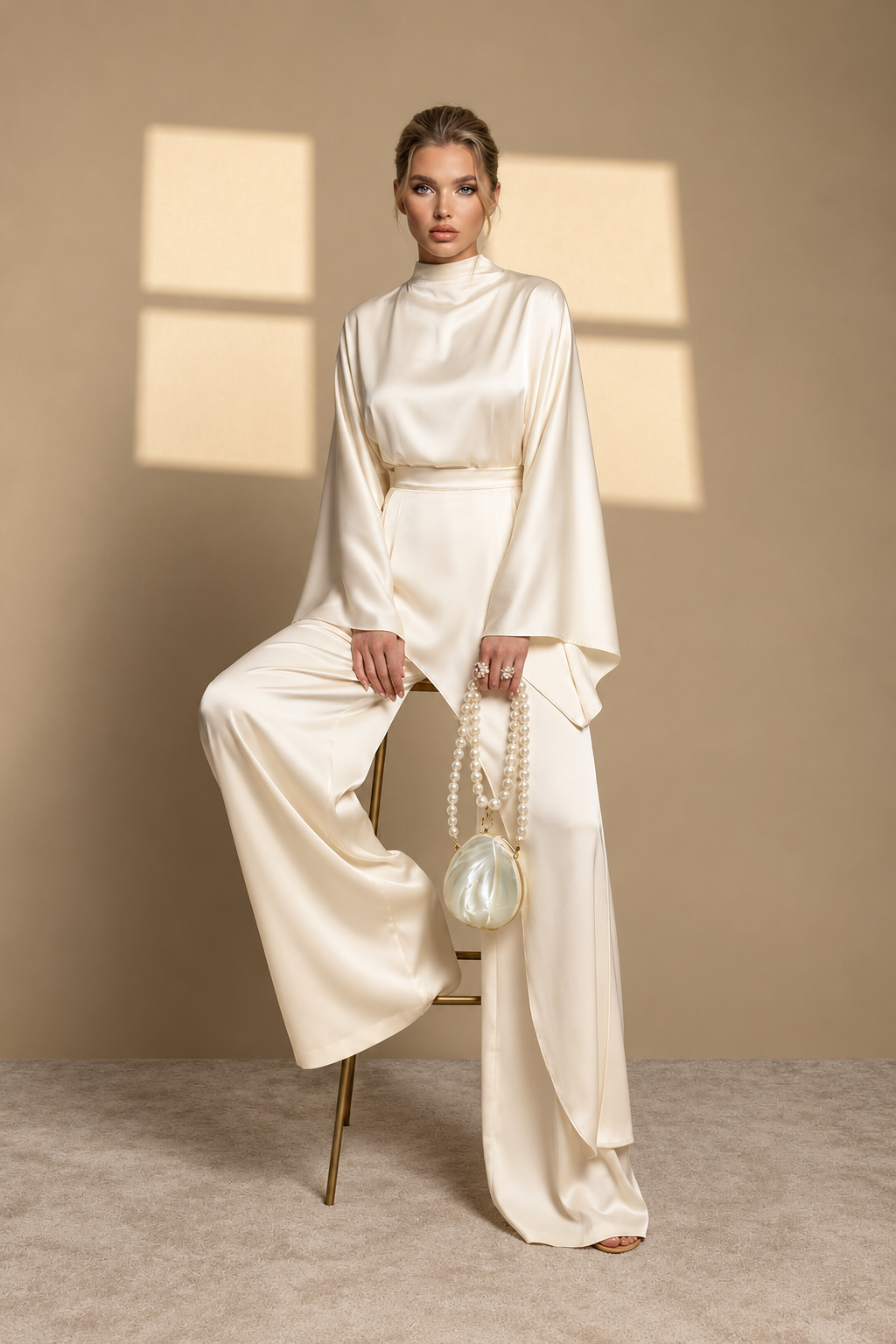 Satin Cape Top & Wide-Leg Pants Set