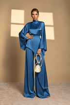 Satin Cape Top & Wide-Leg Pants Set