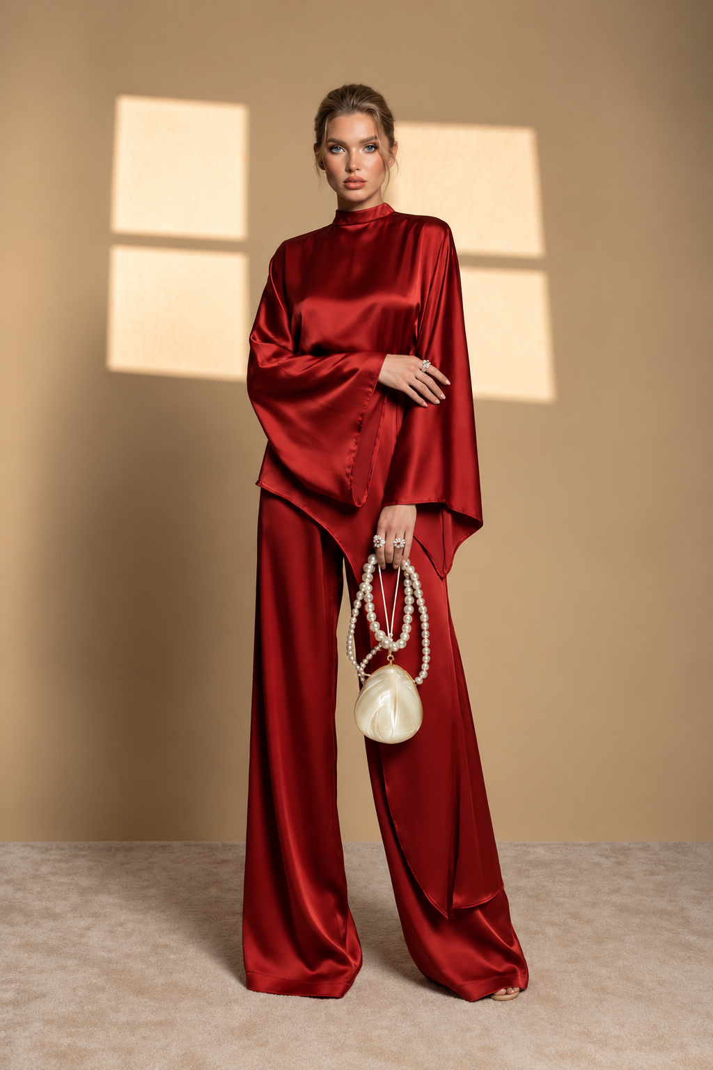Satin Cape Top & Wide-Leg Pants Set