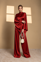 Satin Cape Top & Wide-Leg Pants Set