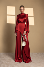Satin Cape Top & Wide-Leg Pants Set