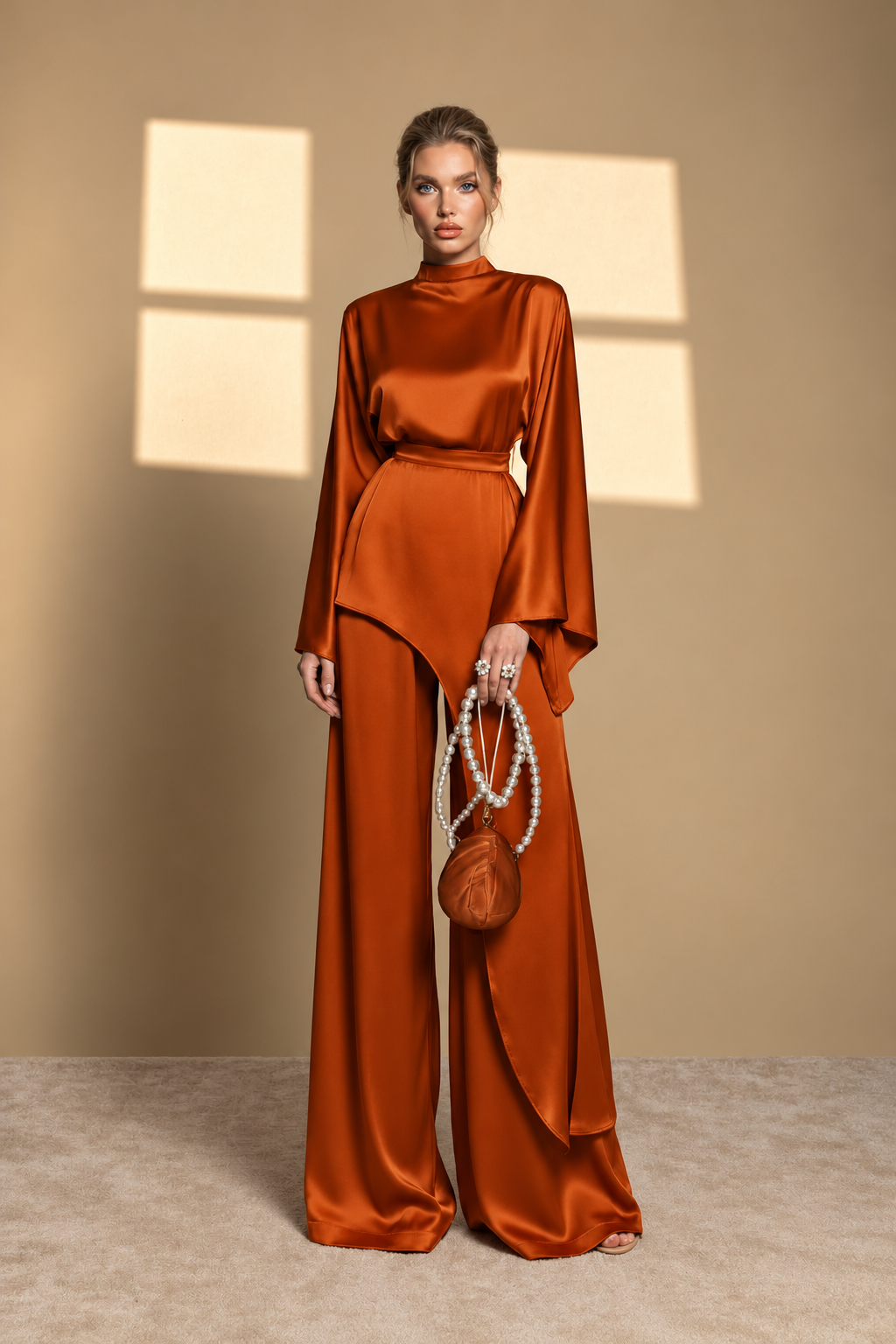 Satin Cape Top & Wide-Leg Pants Set
