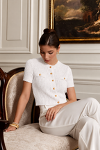 Ribbed Short Sleeve Button-Up Knit Top