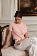 Ribbed Short Sleeve Button-Up Knit Top
