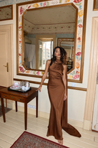 Brown Satin Halter Maxi Dress