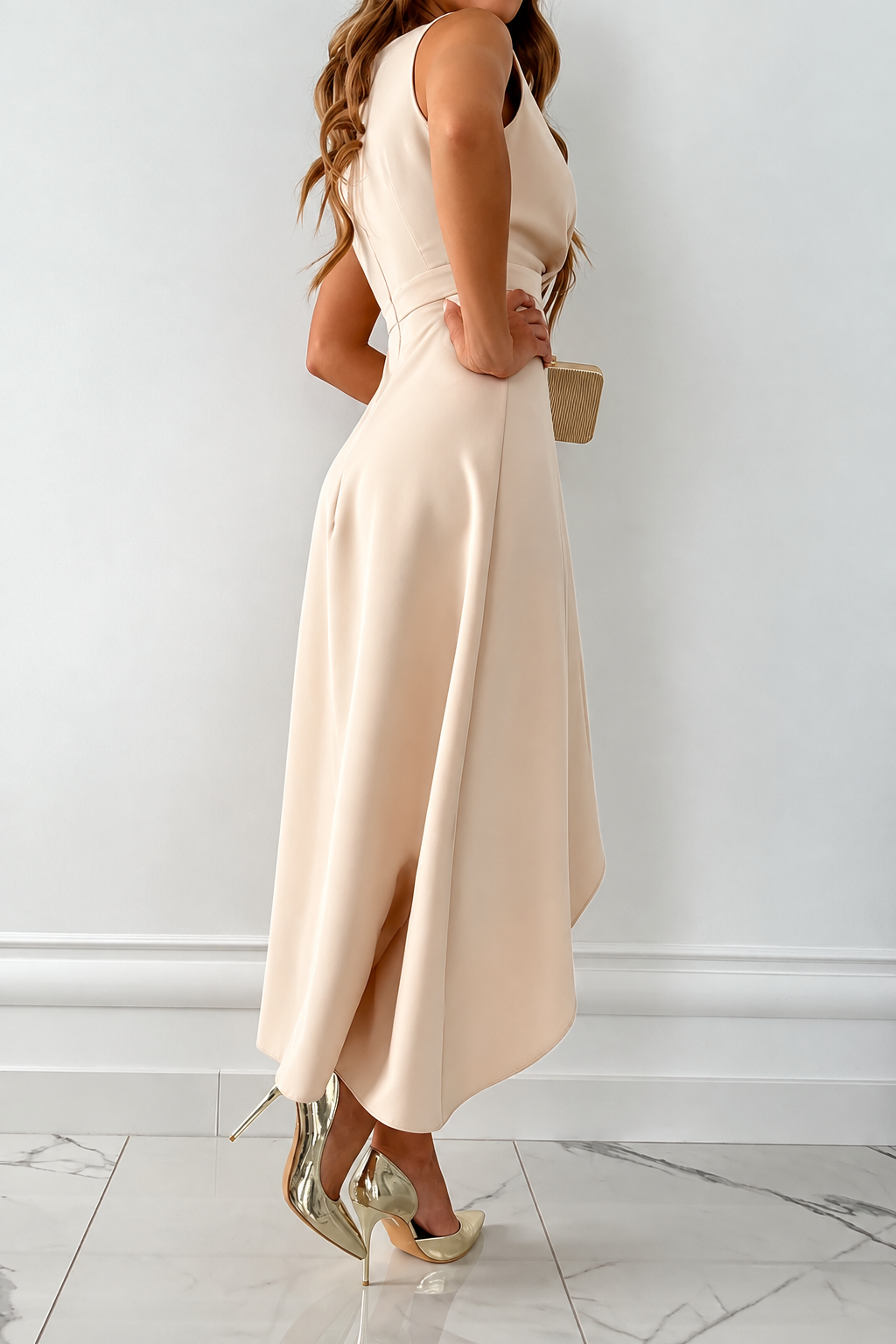 Sleeveless Wrap-Front Asymmetric Midi Dress