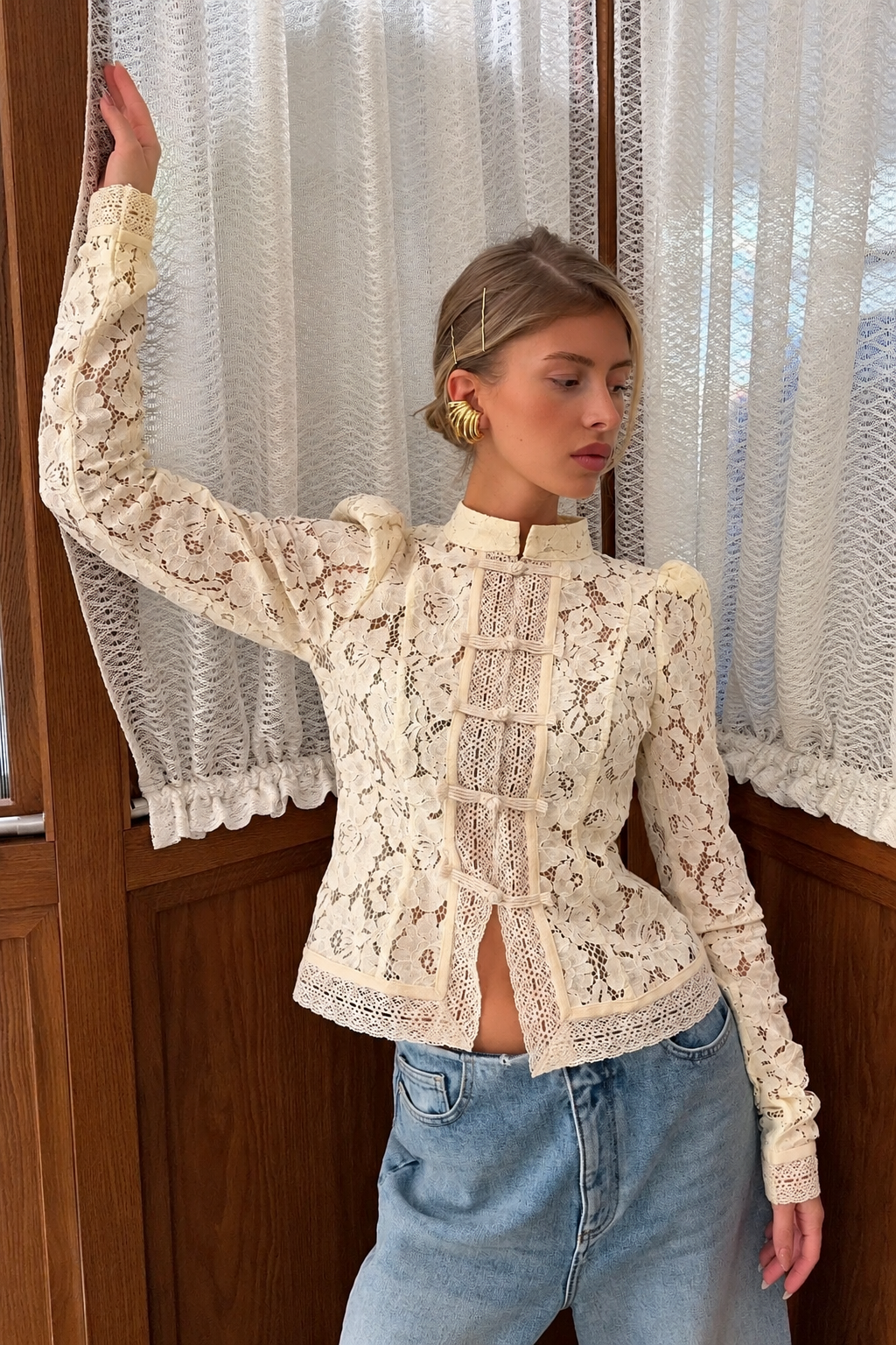 Ivory Lace Button-Up Blouse