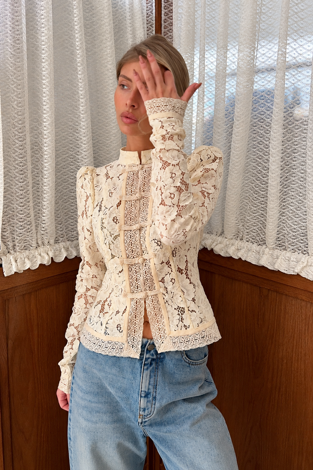 Ivory Lace Button-Up Blouse