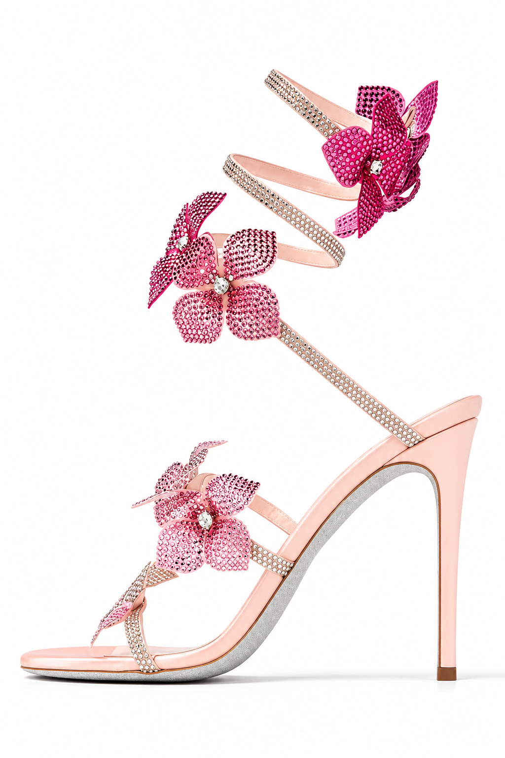 Rhinestone Floral Ankle-Wrap High Heels