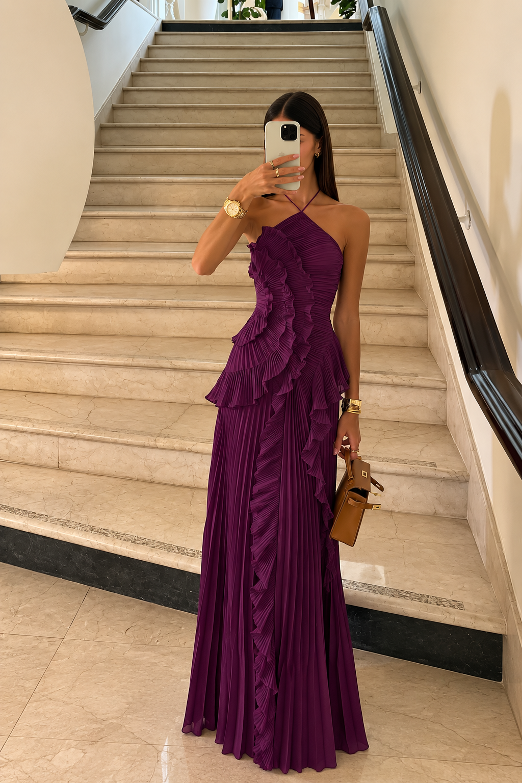 Pleated Ruffle Maxi Dress