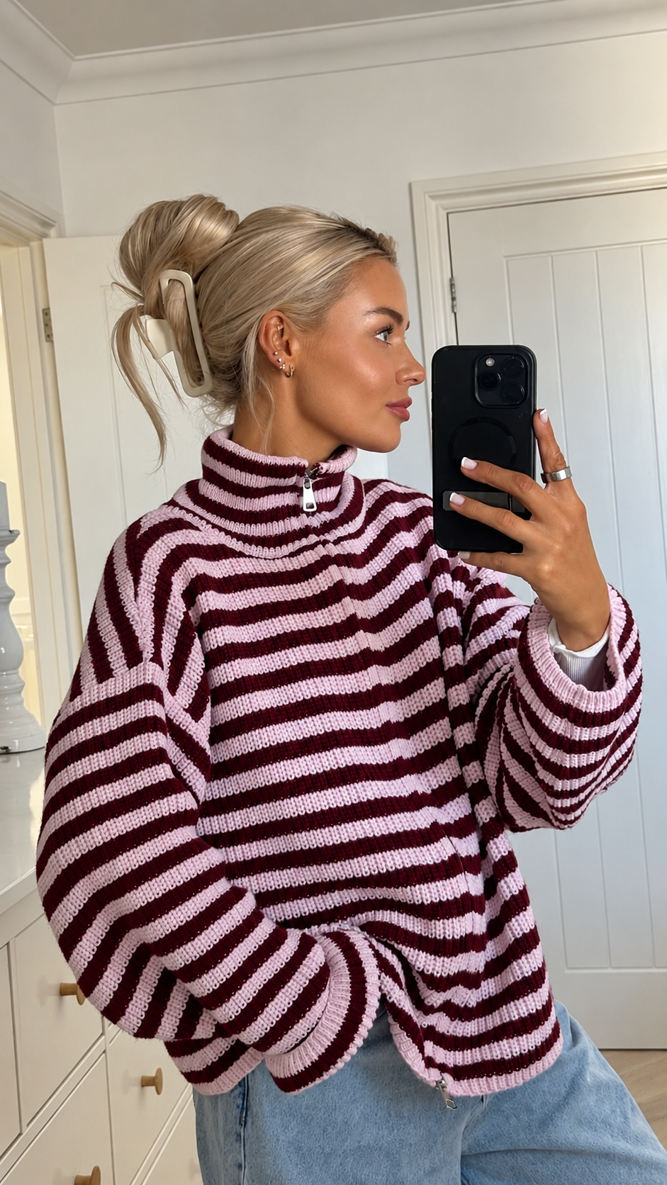 Striped Half-Zip Turtleneck Sweater