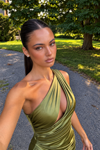 Olive Green Satin Ruched Maxi Dress