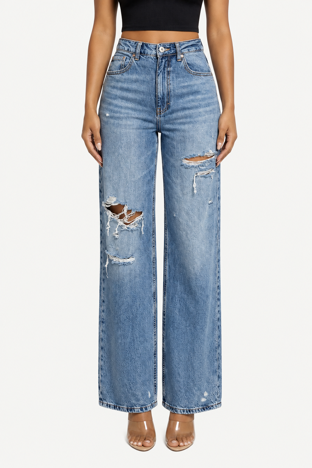 Distressed Wide-Leg Jeans