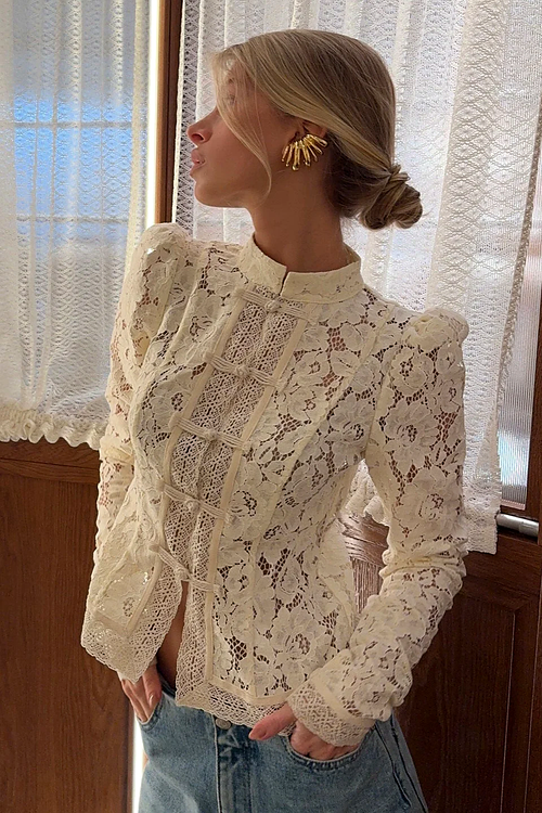 Ivory Lace Button-Up Blouse