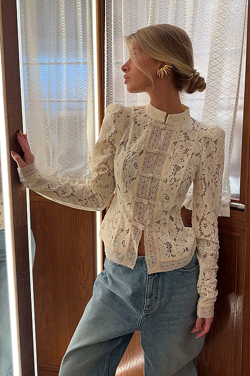 Ivory Lace Button-Up Blouse