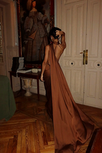 Brown Satin Halter Maxi Dress
