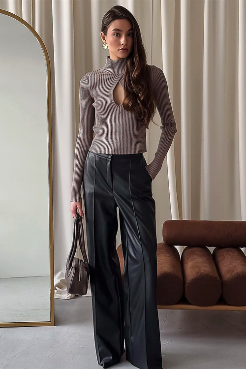 Ribbed Knit Cutout Turtleneck Top