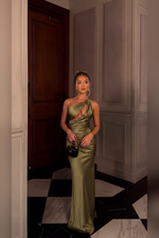 Olive Green Satin Ruched Maxi Dress